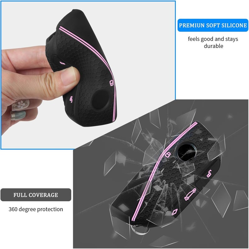 QBUC 2PCS for BMW Key Fob Cover, Soft Silicone Key Case for BMW 2024 2023 2025 7 Series IX I5 M60 X5 X7 X6 IX I7 Car Key Protector with Rings (3 Button,Pink) - Image 5